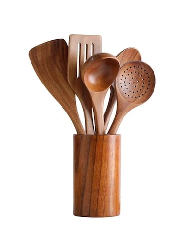 Arabest Wooden Cooking Utensils, Natural Nonstick Cooking Utensils Set with Holder, Durable Safe Wooden Cooking Set for Cooking Ladle and Wok Spatulas, Wooden Spoons Holder for Cooking Salad