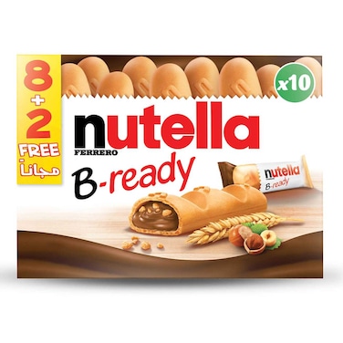 Nutella B-Ready Chocolate Hazelnut Spread Filled Wafer Bar, Multi Pack, 10 Bars, 8+2 Free, 220g