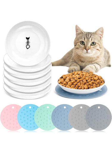 Thenshop 6 Pcs Whisker Fatigue Cat Bowl with 6 Pcs Silicone Anti Slip Mat, Ceramic Cat Food Plate, Cat Wet Food Bowl, Shallow Cat Food Dish for Feeding Kitten Small Pet Water, 6 Inch