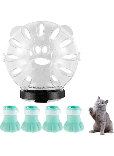 ALMEKAQUZ Cat Muzzle and Boots,Cat Breathable Bubble Helmet Hood,Silicone Cat Claw Covers,Breathable Anti Bite Air Muzzles,Anti Scratch Shoes,Cat and Dog Pet Clothing Tools Cat Grooming Masks (small)