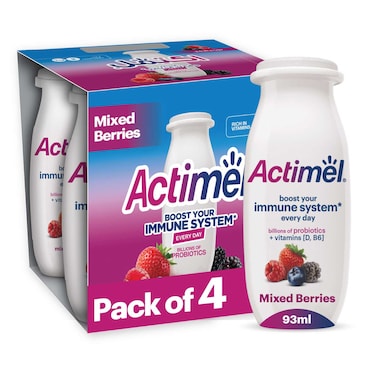 Actimel Mixed Berries Dairy Yogurt Drink, Probiotics Laban Drink Pack of 4x93ml