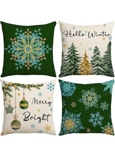 Set of 4 Christmas Pillow Covers, Green Pillow Covers, Xmas Tree Snowflake Merry Bright Decorative Throw Pillow Case, for Christmas Decoration, for Home Sofa Couch, 18 x 18 Inch
