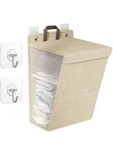 Laundry basket, foldable hanging clothes basket with lid and handle, large double-sided breathable mesh, laundry basket bag, clothing storage bag, clothing and toy basket (Khaki)