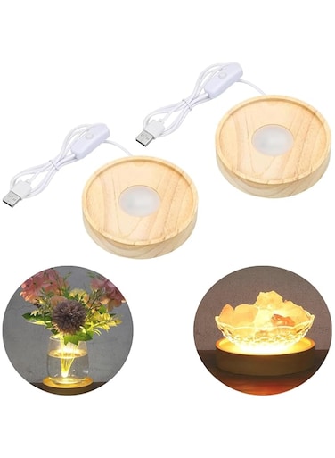 2Pcs 4 Inch Wooden LED Light Base, Wood Light Display Base Stand Lighting with Switch for 3D Crystal Glass Aroma Stone Art, Carving Style, Warm White Light