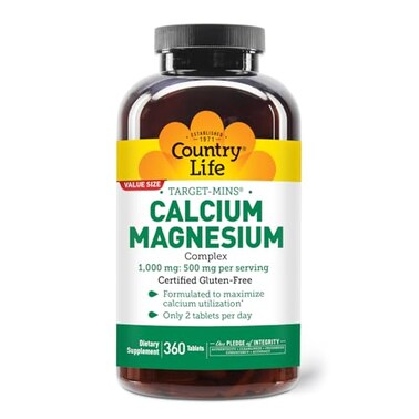 Country Life Target Mins Calcium-Magnesium Complex, 1,000 Mg/500 Mg Per 2 Tablets, 360-Count