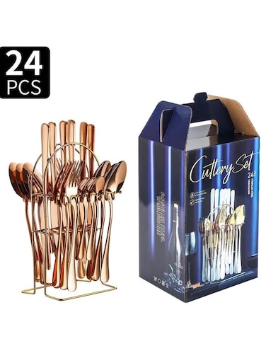 24-Piece Stainless Steel Cutlery Set with Stand &acirc;&euro;&ldquo; Rose Gold Finish