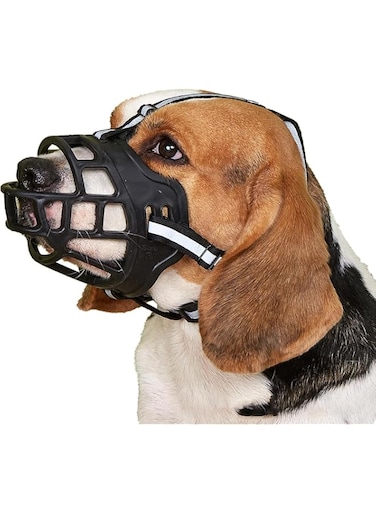Dog Mouth Cover - Adjustable Dog Muzzle Cover, Free Breathing and Drinking, Soft Material, Prevent Dogs from Accidentally Eating and Hurting Others During Outdoor Exercise (Black reflective, 4#)