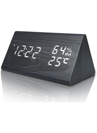 HBSTUDIO Digital Alarm Clock for bedroom, with Wooden Electronic LED Time Display, 3 Alarm Settings, Humidity &amp; Temperature Detect, Electric Clocks for Bedroom, Bedside (Black)