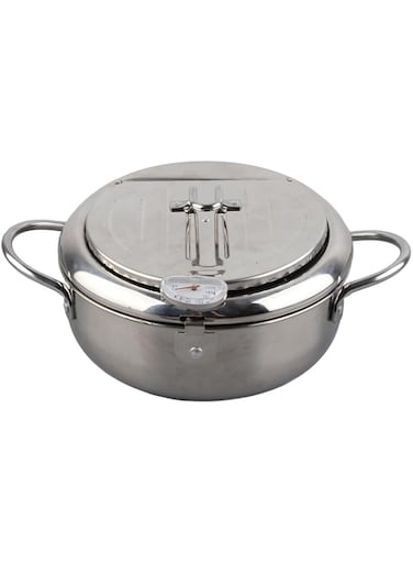 BusoTh Deep Fryer Pot, Japanese Tempura Frying Pot, Deep Fryer with Thermometer 304 Stainless Steel Lid Temp Control Oil Drainer Rack Induction 2.2-3.2L for (S Size 20cm / 7.9in)