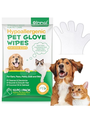 Pet Cleaning Glove Wipes, 10 Cleaning Wipes for Dogs and Cats, Suitable for Dogs and Cats, With Coconut Oil, Nourishing and Grooming Fur, Pet Bathing Mitt Wipes, Suitable for Daily Care and Travel