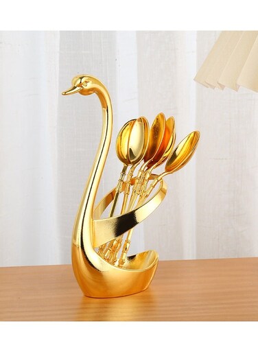 small coffee spoon holder set, swan base with 6 espresso spoon set (approx. 13 cm) mini dessert spoon, stainless steel tea spoon
