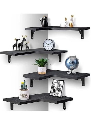 Floating Corner Shelves for Wall D&eacute;cor Storage, Wall Shelves Set of 4, Wall Mounted Wood Shelves for Home Decor, Bedroom, Living Room, Bathroom, Kitchen, Office (Black)