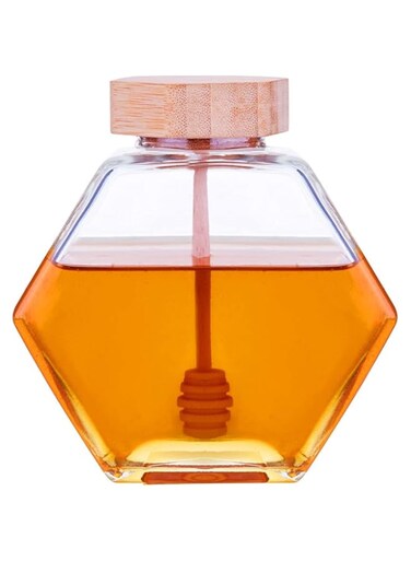 Azonee Honeycomb Shape Honey Pot Jar Clear Heat-Resistant Storage Container Honey Pot Glass Honey Jar with Dipper and Lid Cover Store Jam Spice Honey Pudding for Home Kitchen Serving Spoon 220ML