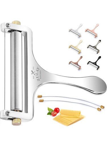 Zulay Kitchen Cheese Slicer With Adjustable Thickness - Heavy Duty Stainless Steel Cheese Slicers With Wire - Premium Wire Cheese Slicer For Soft &amp; Semi-Hard Cheeses - 2 Extra Wires Included