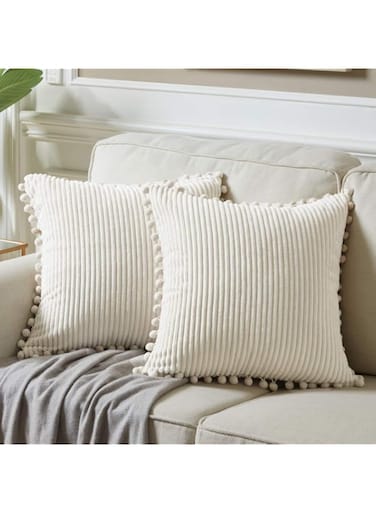 Fancy Homi Pack of 2 Boho Decorative Throw Pillow Covers with Pom-poms, Soft Corduroy Accent Solid Square Cushion Case Set for Couch Sofa Bedroom Car Living Room (18x18 Inch/45x45 cm, Cream)
