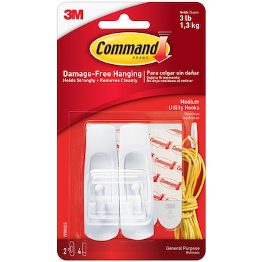 Command 17001ES Utility Hooks, medium, Holds 1.36 Kg. each hook, white color. 2 hooks and 4 strips/pack