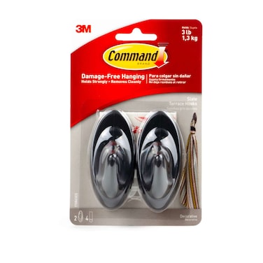 Command 17086 Slate terrace Hooks, Medium, Holds 1.3 Kg. each hook, black color. 2 hooks and 4 strips/pack