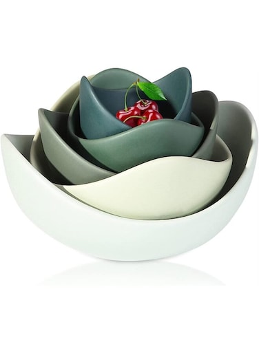 Salad Bowls, 5 Packs Serving Bowls Porcelain,Lotus Shaped Pasta Bowls, Dishwasher &amp; Microwave Safe, Unique Ceramic Bowls for Salad, Pasta, Soup, Rice, Ideal for Home and Restaurant