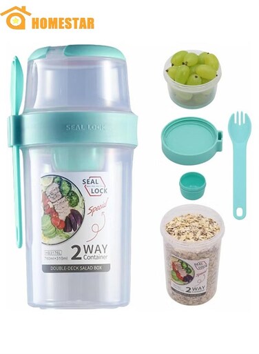 Yogurt Cups for On the Go with Spoon, Double Layered Salad Cup, With Fork Cover Dip Box, Portable Good Sealing Container, Green