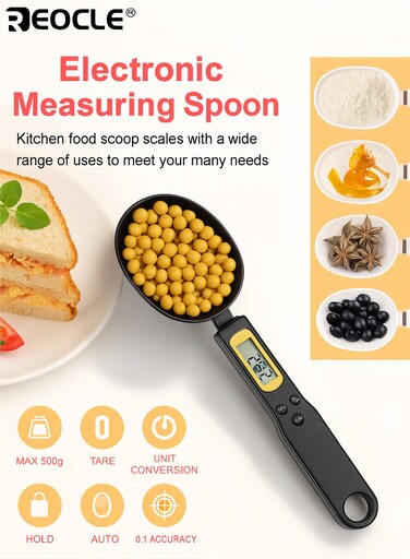 Digital Kitchen Scale Electronic Measuring Spoon with High Precision LCD Display and 0.1g Accurate Measurement Electronic Food Scale with 500g Maximum Capacity and Tare Function for Cooking Baking Portion Control