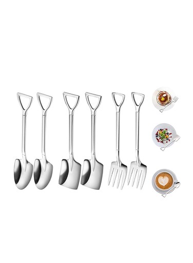 Pcs Stainless Steel Coffee Latte Spoon, Shovel Spoon and Fork Set Ice Cream Spoon Dessert Tea Sugar Fruit Fork for Party, Long Handle Coffee Creative Fruit Fork for Party and Kitchen 6 Inch