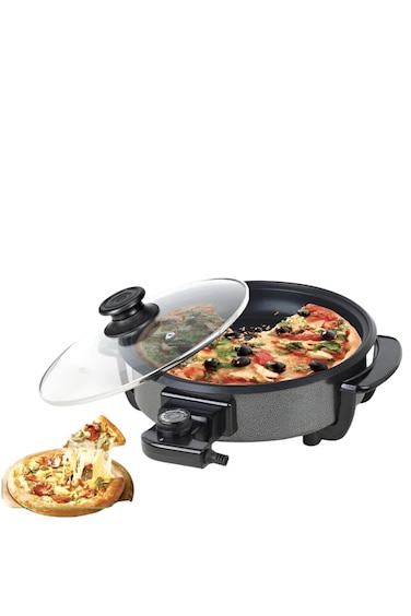 Electric Pizza Pan &ndash; Non-stick Cooker, Temp Control, Glass Lid, Grill, Bake, Fry, Family Size