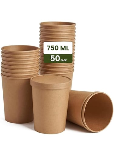 Ecoway Paper Disposable Cups 12 Oz - Pack Of 50 Ice Cream Cup Without Lid Eco-Friendly Desert Bowls Hot Or Cold Food Cups, Tea Cup, Coffee Cup Biodegradable Party Supplies, Yogurt Take Outs, Brown