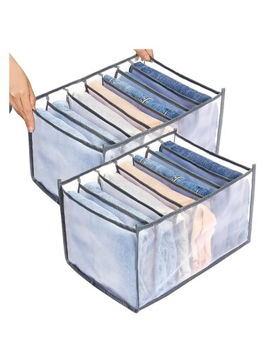 2 Pack Pants Drawer Organizer Divider Underwear Organizer, 7 Cells Jeans Compartment Storage Box Foldable Closet Cabinet Organizer Underwear Mesh Storage Boxes for Socks, Handkerchiefs, Belts, Gray
