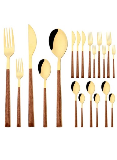 Style Wood Flatware Stainless Steel Fork/Spoon/Knife/Teaspoon with Wooden Square Handle Cutlery Set of 4 Dinnerware for Home, Kitchen, Restaurant, Gift - Gold