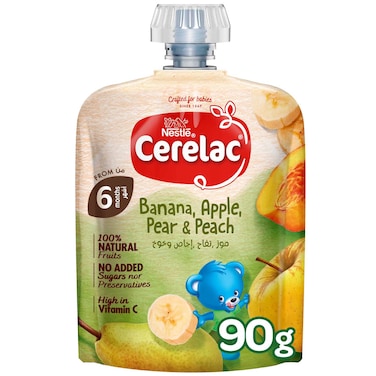 Nestle Cerelac Fruits Puree Baby Food Pouch, Banana, Apple, Pear and Peach, from 6 Months, 90g