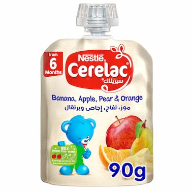 نستله سيريلاك كيس هريس فواكه للأطفال ، موز و تفاح و كمثرى وخوخ من عمر 6 أشهر، 90 غرام
