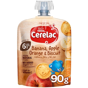 Nestle Cerelac Fruits Puree Pouch, Banana, Orange, Biscuit, from 6 Months, 90g