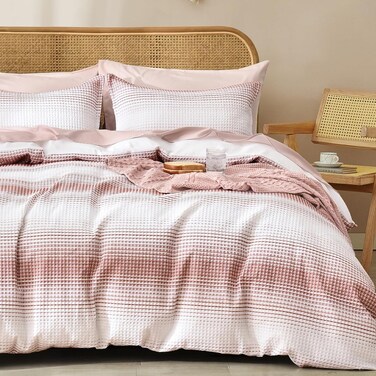3 Piece Queen Waffle Weave Duvet Covet Set, Ultra Soft Luxury Textured Comforer, Set includes 1x 230cm x 230cm Duvet covet + 2 x 50cm x 65cm Pillow Shams, White and Brick Red