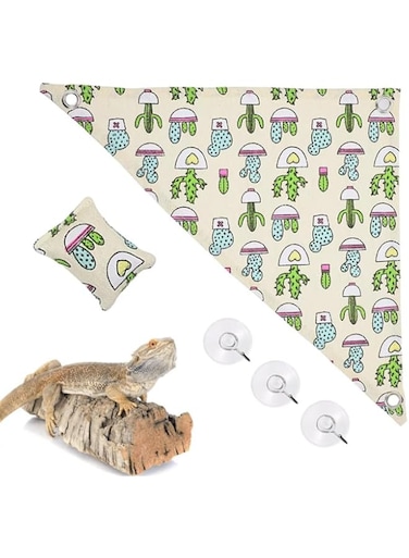Bearded Dragon Hammock Swing Hanging Reptile Bed Lounger with Pillow Hooks &amp; Suction for Large Small Bearded Dragons Geckos Lizards Snakes (Beige)