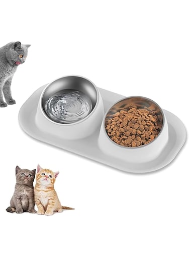 OYUNCU HULUM Cat Basic Food and Water Bowl Set, 2 Removable Stainless Steel Feeding Bowls with Non-Slip Leak-Proof Plastic Stand Suitable for Small and Medium Pet Puppy Feeder Tableware Supplies (1)