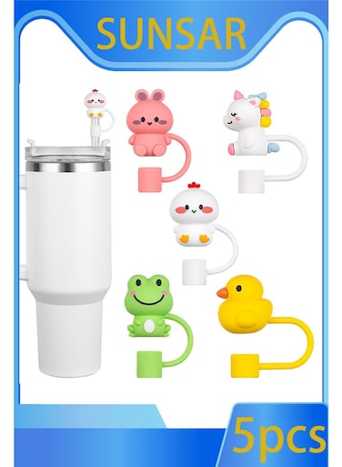 Straw Cover Cap for Stanley Cup,Silicone Straw Topper Compatible with 30&amp;40 Oz Tumbler with Handle,10mm 0.4in Dust-Proof Reusable Straw Tips Lids (5Pcs Straw Cover Animal shape)
