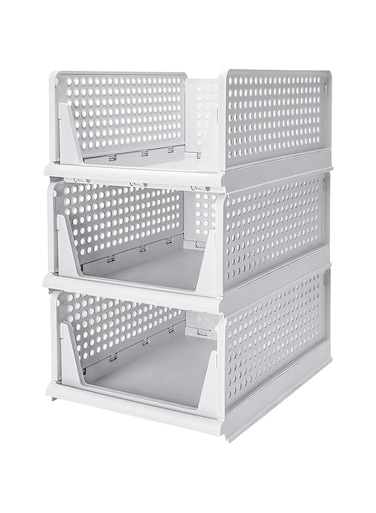Organized Home J&amp;J Stackable Plastic Storage Basket-Foldable Closet Storage Bins 2 Pack-Drawer Shelf Storage Container for Wardrobe Cupboard Kitchen Bathroom Office (3-Large)