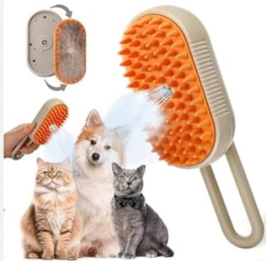 3-in-1 Pet Grooming Steam Brush: One-Button Spray, 360&deg; Rotating Handle, Multi-Functional Tool for Removing Cat and Dog Hair, Tangles, and Flyaway Hairs (Khaki)