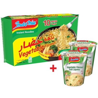Indomie Vegetable Flavour Instant Noodles, 75g Pack of 10 with Vegetable Flavour Instant Noodles Cups, 60g Pack of 2