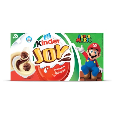 Kinder Joy Super Mario, Cocoa &amp; Milk Cream Egg with Toy, Multi Pack, 3 Individual Eggs, 60g