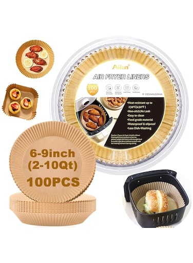 Ailun Air Fryer Disposable Paper Liner, 100PCS Non-Stick Air Fryer Liners, Oil Resistant, Waterproof, Food Grade Baking Paper for Baking Roasting Microwave 7.7inch