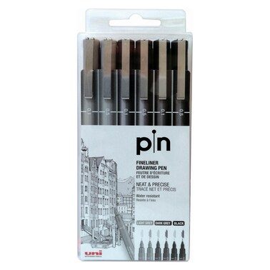 Uni-ball Pin Fineliner Drawing Pen Dark Grey and Black 6 PCS