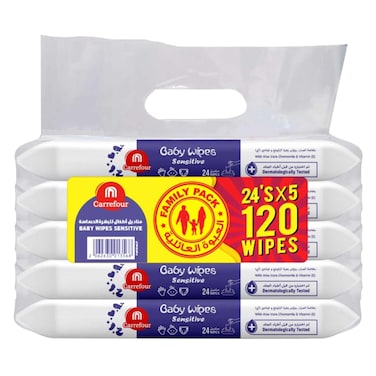 Carrefour Sensitive Baby Wipes 24 Wipes, Pack of 5