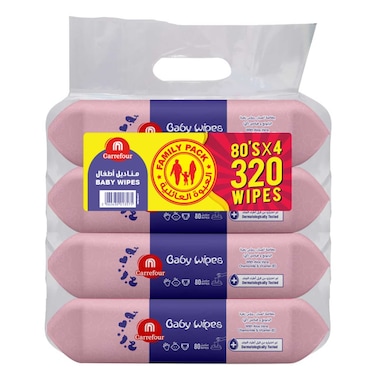 Carrefour Baby Wipes With Aloe Vera White 80 Wipes Pack of 4