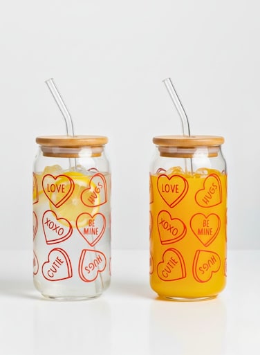 Set of 2 - 550 ML Borosilicate Valentine Themed Sipper Glasses with Bamboo Lids &amp; Glass Straws
