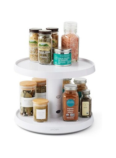 YouCopia Crazy Susan Two-Tier Turntable, Height-Adjustable Lazy Susan Organizer for Kitchen Cabinet and Pantry Organization and Storage, White