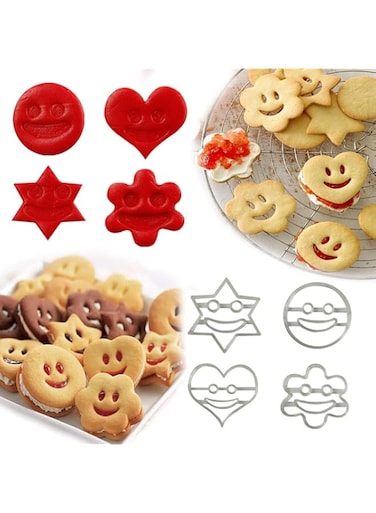 OHM Smiley Star Flower Round Love Cookie Cutters Cake Fondant Decorating Fruit Cutting Baking Tools Set of 4 pcs