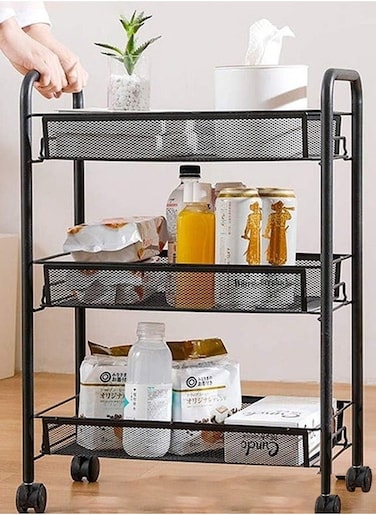 Mesh Wire 3 Tier Rolling Cart, Kitchen Storage Utility Cart, Multifunction Basket Stand for Bathroom, Full Metal Storage Art Trolley Carts