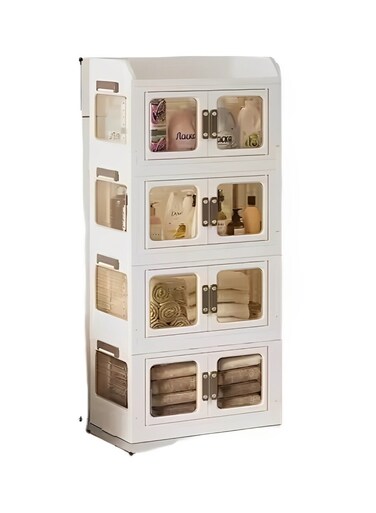 Stackable Collapsible Storage Box with Lids &amp; Wheels &acirc;&euro;&ldquo; 4 Tier Plastic Storage Cabinet for Bedroom, Living Room, Toys, Clothes, Office &acirc;&euro;&ldquo; Clear Organizer Bins with Front Door &amp; Top Lid Access