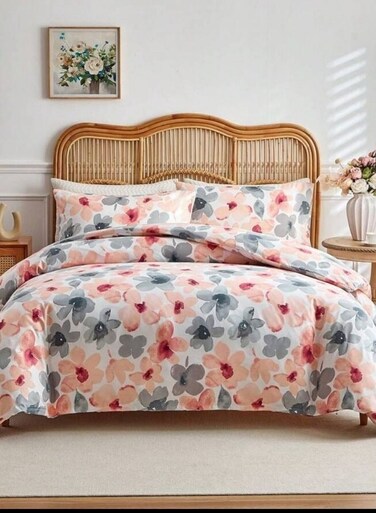 Home Queen size 6 piece duvet cover set pink and gray floral print.